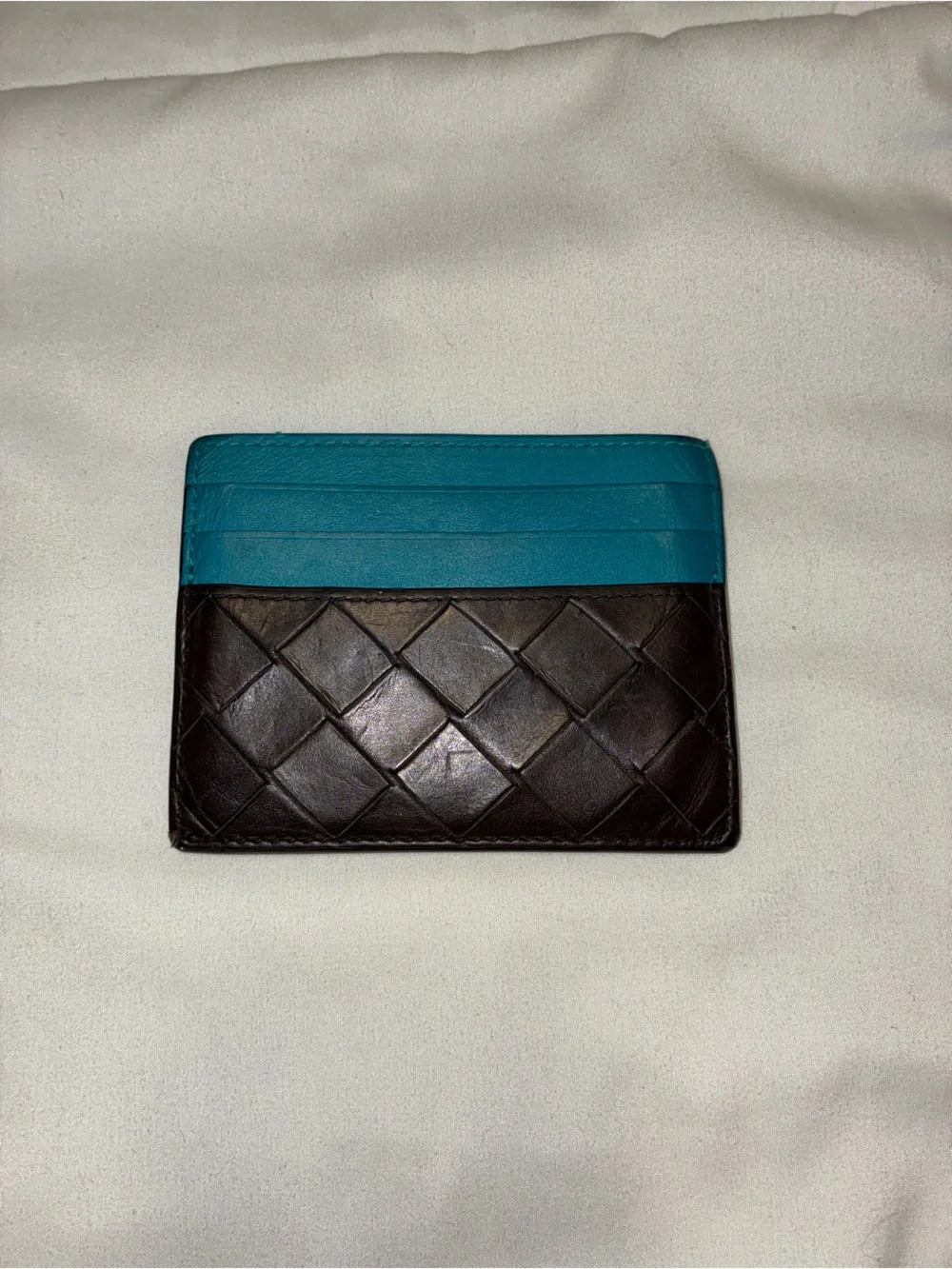 Bottega Veneta Black and Teal Woven Card Holder